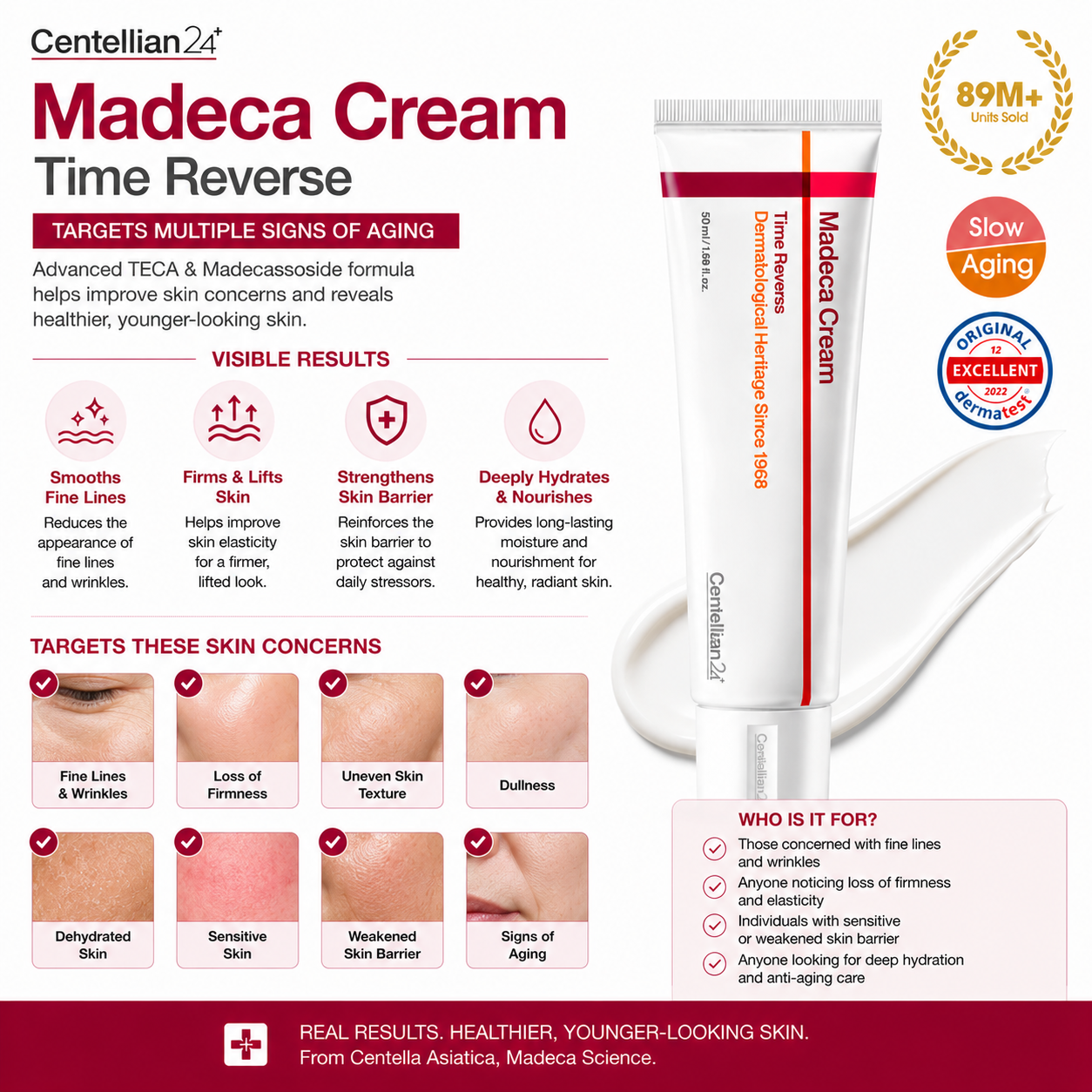 Centellian24 Madeca Cream Time Reverse targets fine lines, wrinkles, loss of firmness, dehydration, sensitive skin, and visible signs of aging