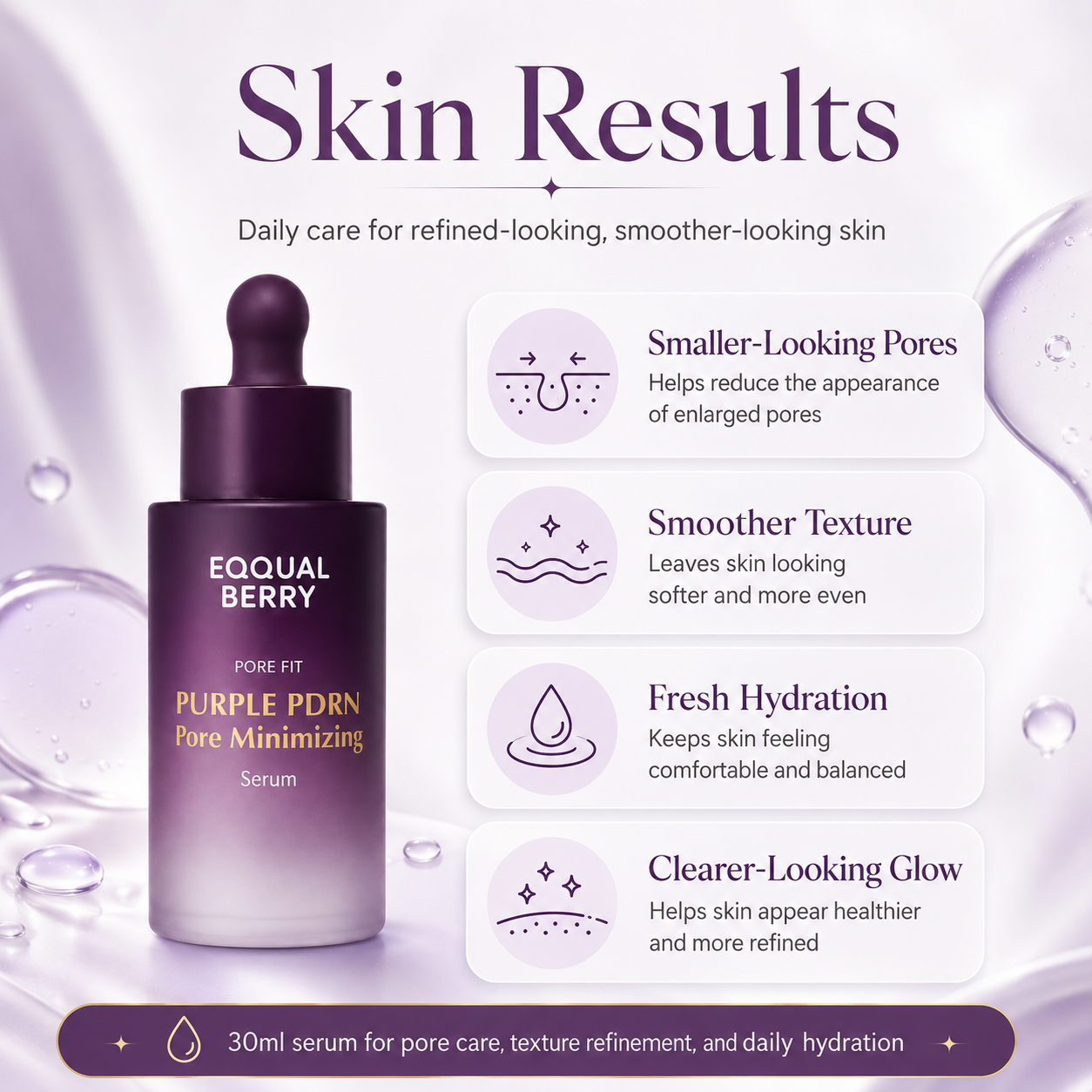 EQQUALBERRY Purple PDRN Serum skin results including smaller-looking pores, smoother texture, fresh hydration, and clearer-looking glow.