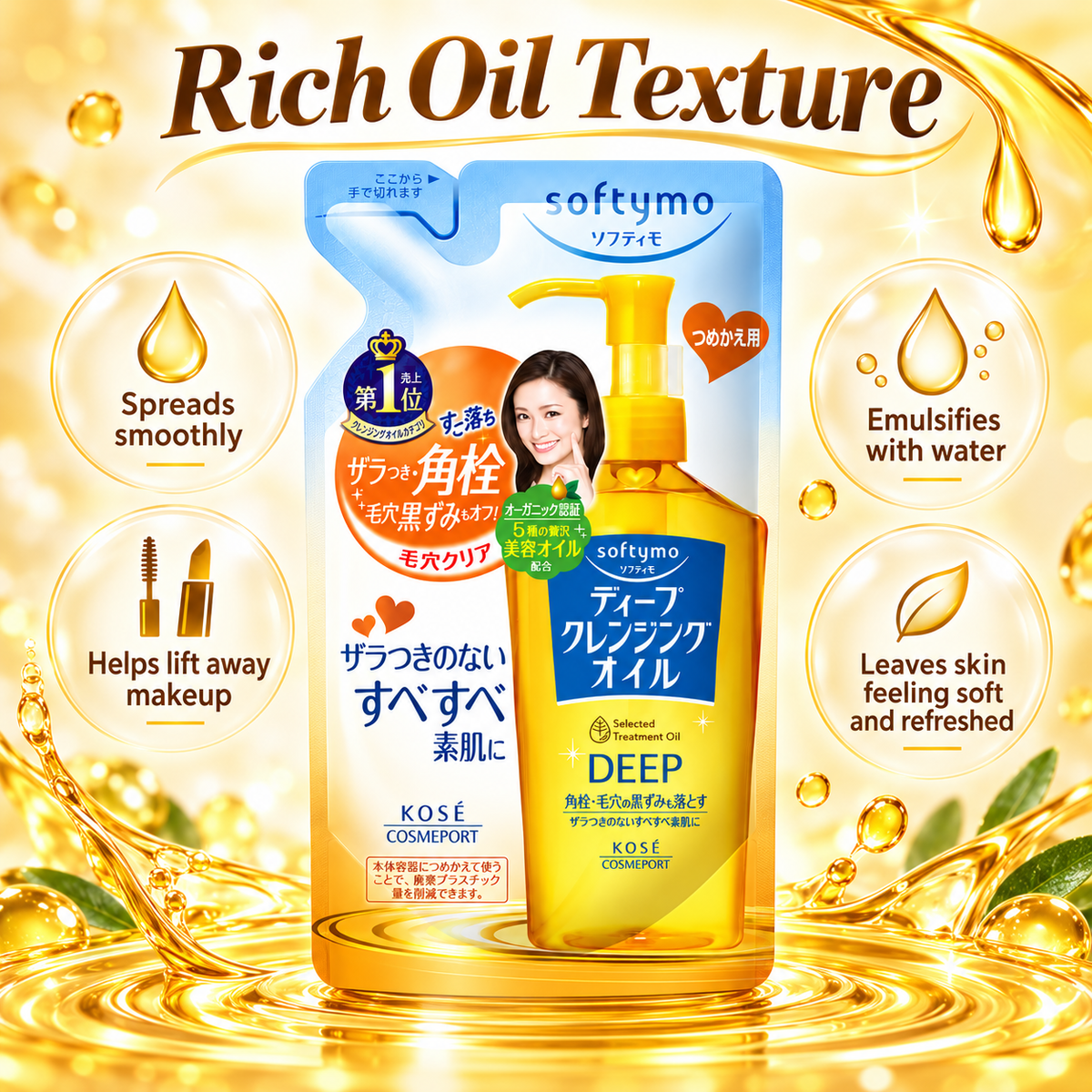Kose Softymo Deep Cleansing Oil Refill 200ml rich oil texture infographic showing smooth spread, makeup removal, emulsifying with water and soft refreshed skin