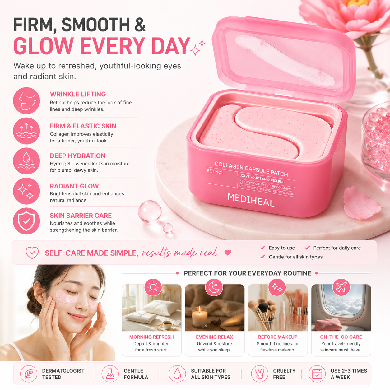 Woman using MEDIHEAL Retinol Collagen Capsule Patch as part of daily skincare routine for firmer, smoother and youthful looking skin