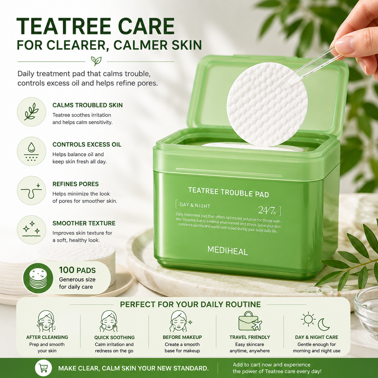 MEDIHEAL Teatree Trouble Pad 100 Pads daily skincare routine for calming acne-prone and sensitive skin