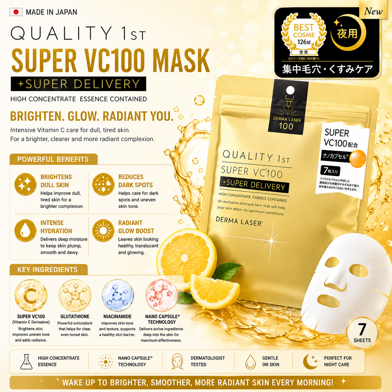 QUALITY 1st Derma Laser Super VC100 Mask highlighting Japanese skincare quality, vitamin C care and radiant skin benefits