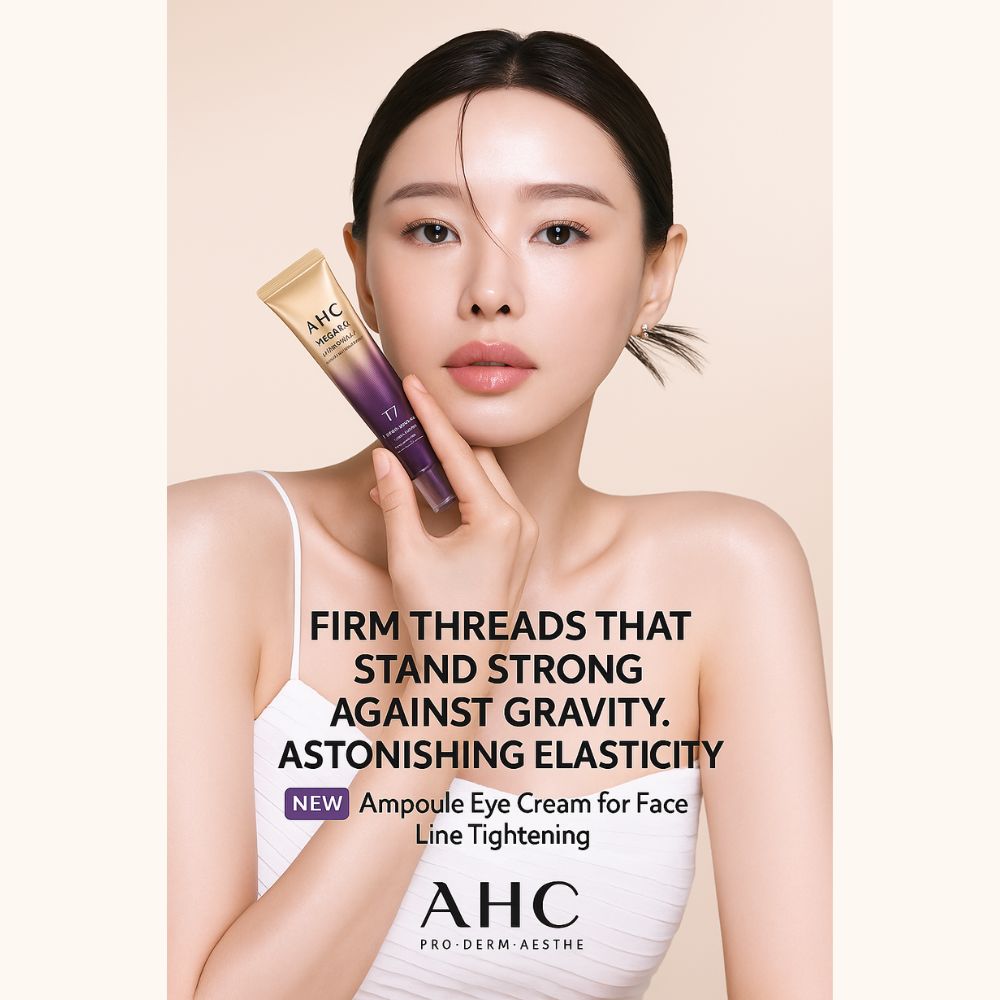 Model applying AHC Premier Ampoule Eye Cream for Face to improve firmness and elasticity