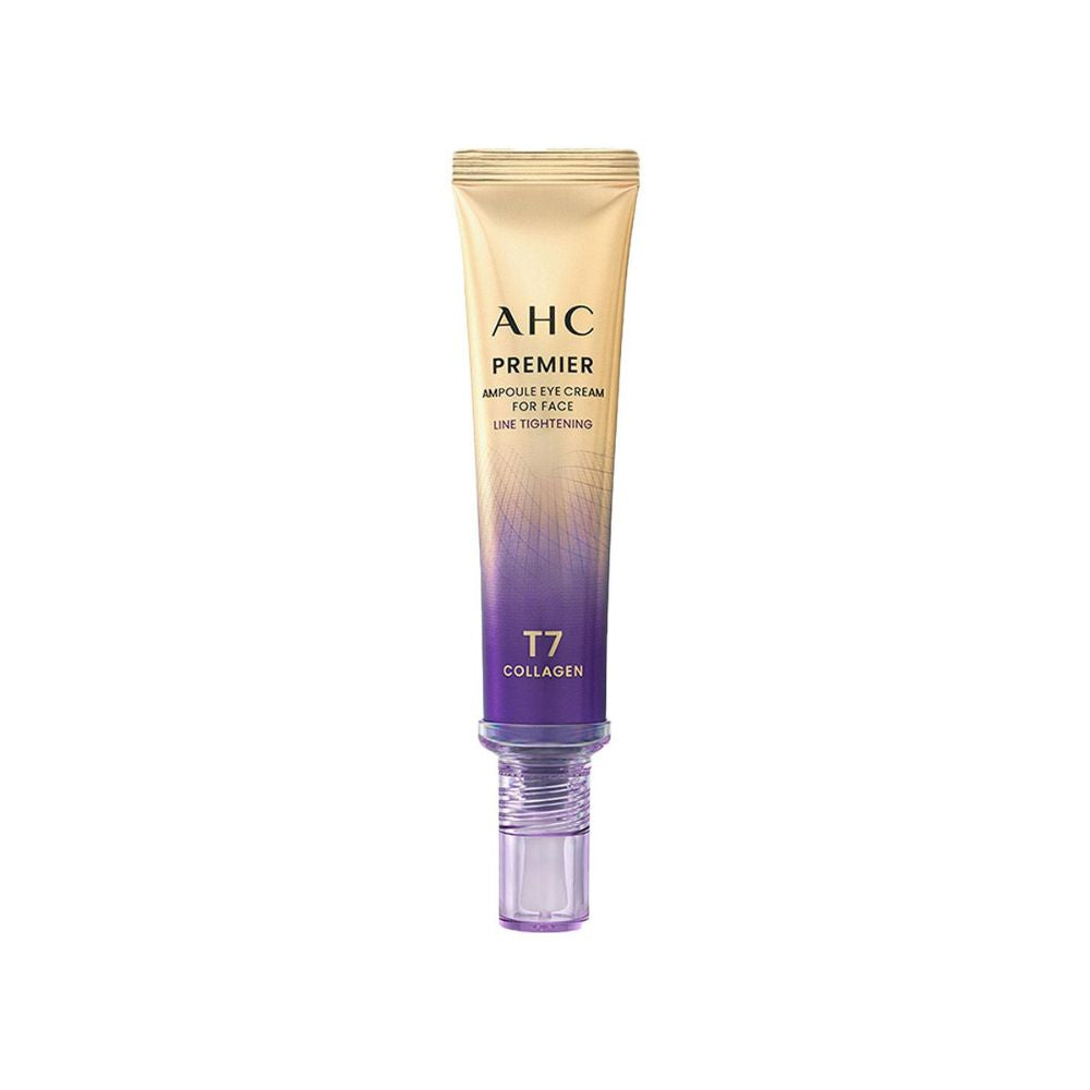 AHC Premier Ampoule Eye Cream for Face T7 Collagen line tightening eye cream tube on white background
