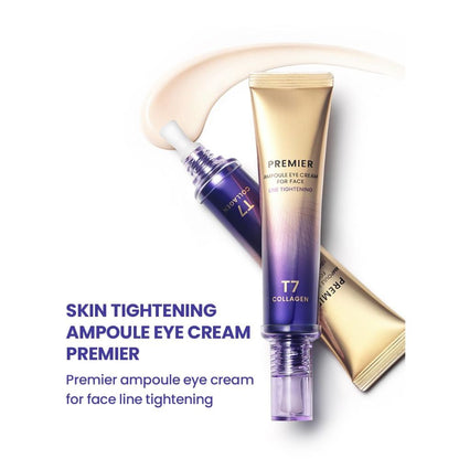 AHC Premier Ampoule Eye Cream for Face showing cream texture and T7 collagen packaging