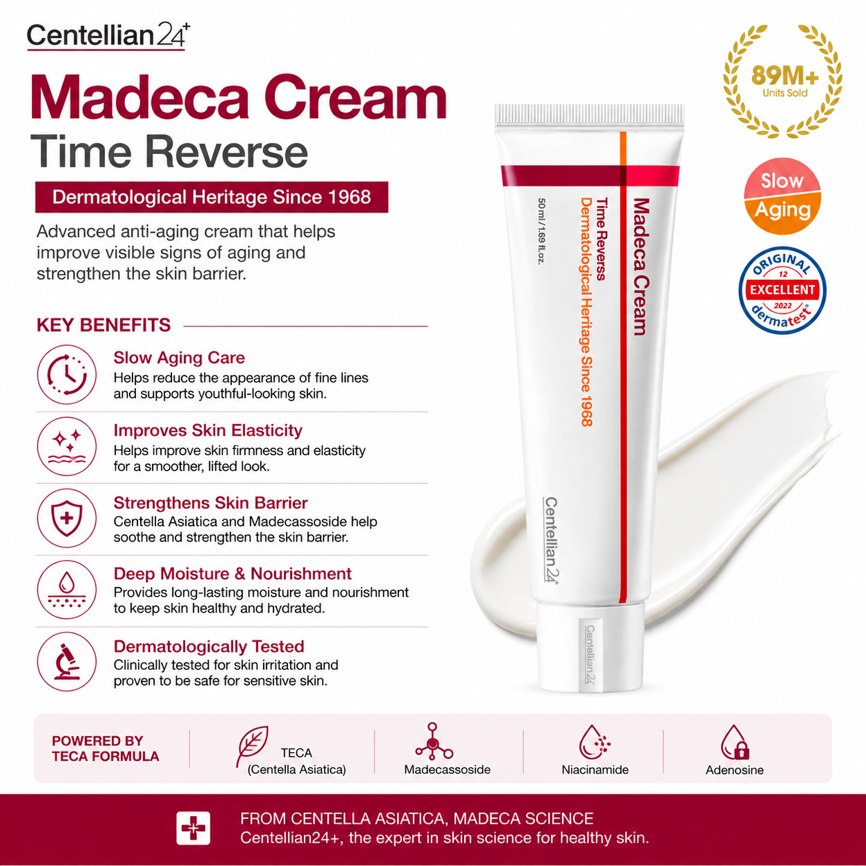 Centellian24 Madeca Cream Time Reverse benefits including anti-aging care, skin elasticity, hydration, and skin barrier support
