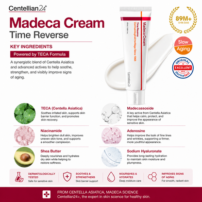 Centellian24 Madeca Cream Time Reverse benefits including anti-aging care, skin elasticity, hydration, and skin barrier support