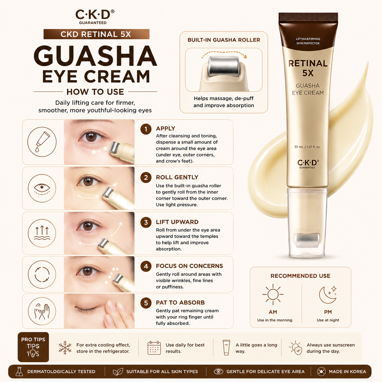 How to use CKD Retinal 5X Guasha Eye Cream with built-in guasha roller for lifting, massage and better absorption around the eyes