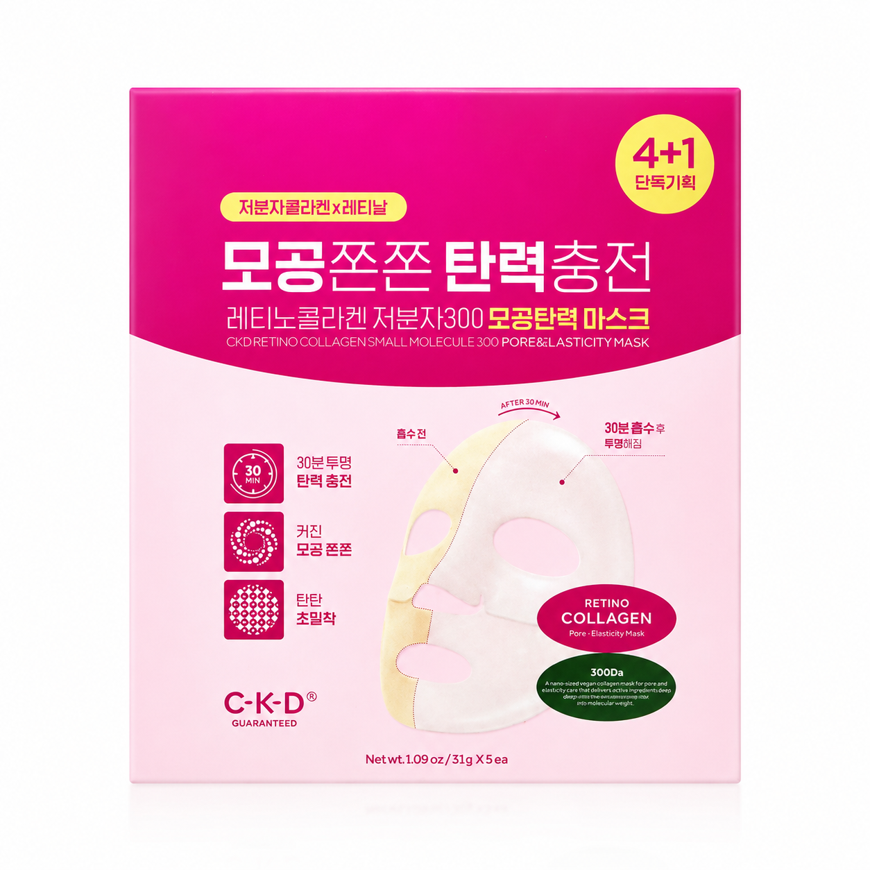 CKD Retino Collagen Small Molecule 300 Pore & Elasticity Mask 5 Sheets Korean collagen sheet mask