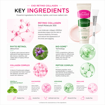 Key ingredients infographic for CKD Retino Collagen Small Molecule 300 Tightening Cream Set featuring Retino Collagen, Bakuchiol, Peptides, Centella Asiatica and Niacinamide
