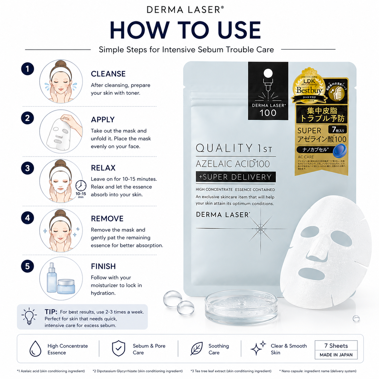 How to use sheet mask step by step DERMA LASER AZ100 Japanese face mask instructions