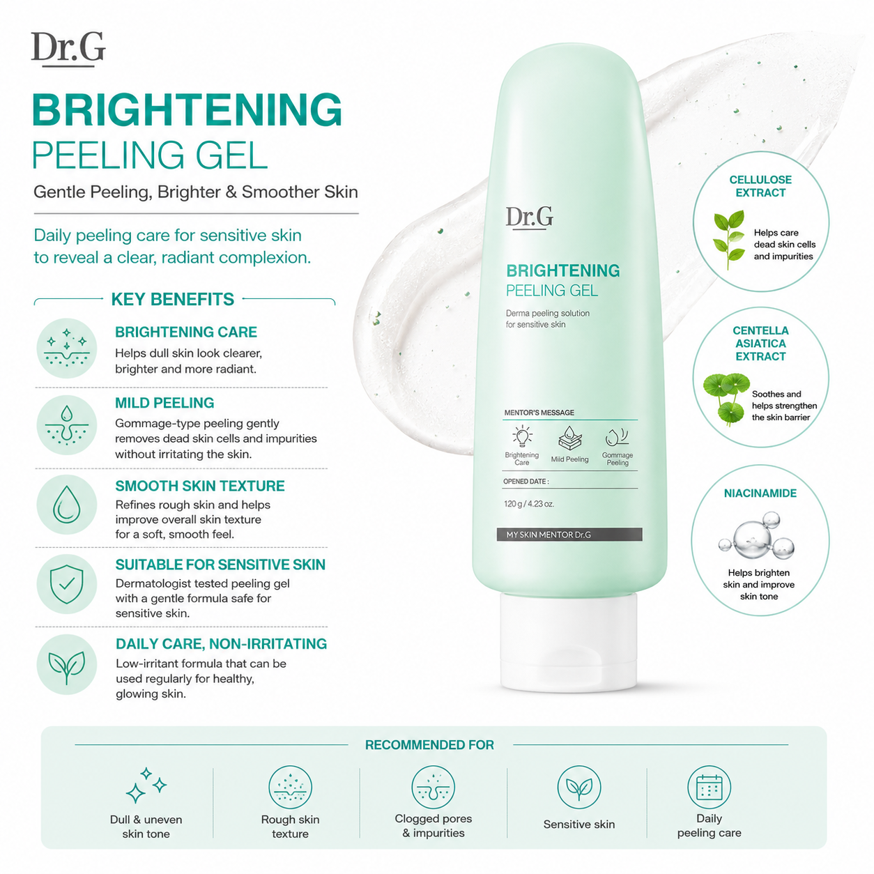 Dr.G Brightening Peeling Gel benefits including gentle exfoliation brightening care smooth skin texture and sensitive skin support