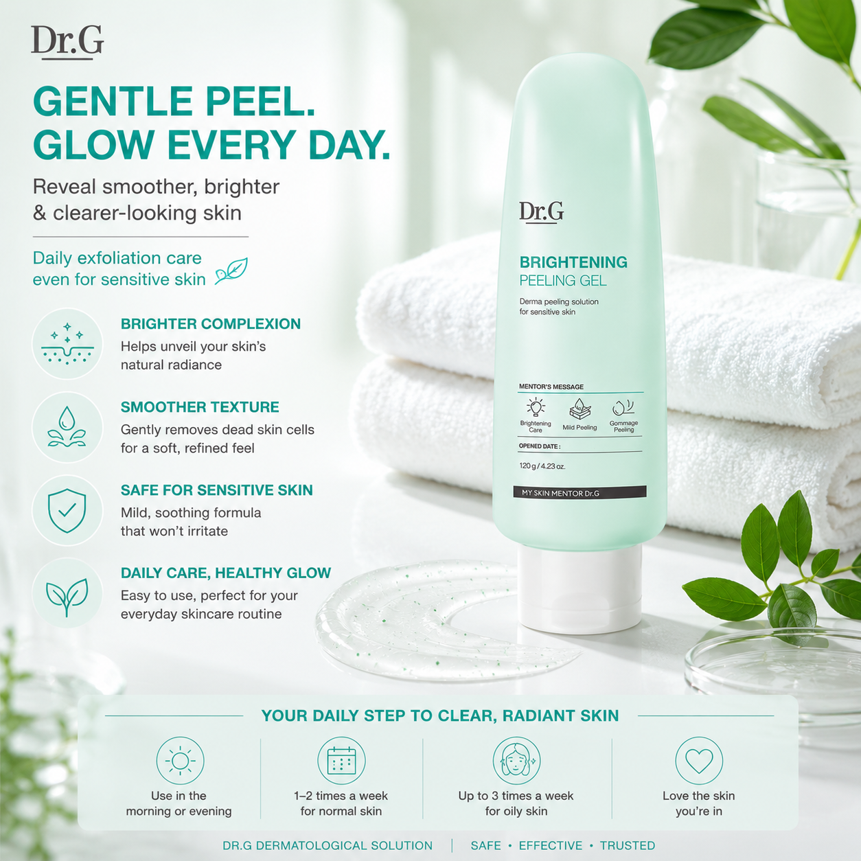 Dr.G Brightening Peeling Gel lifestyle image featuring gentle daily exfoliation for radiant smooth glowing skin