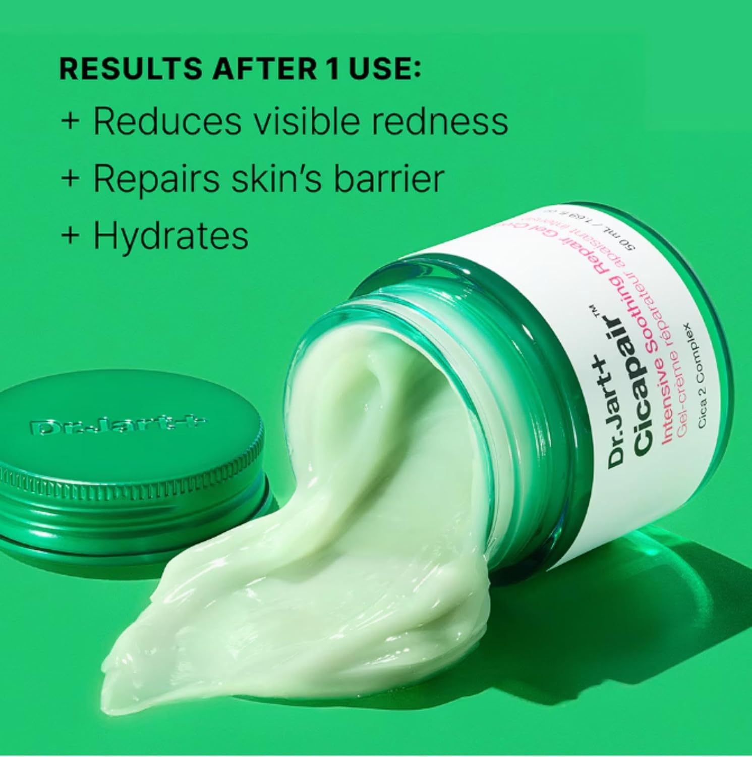 Dr.Jart+ Cicapair gel cream texture close up lightweight cooling green moisturizer with Centella for irritated skin
