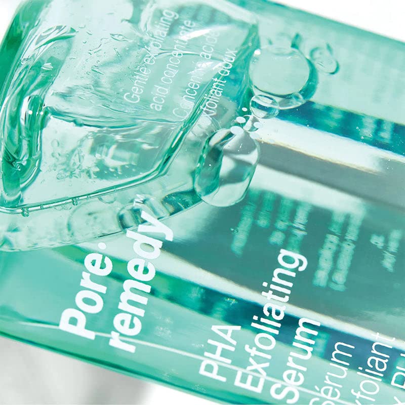 Close up of Dr.Jart+ Pore Remedy PHA Exfoliating Serum bottle hydrating chemical exfoliant for sensitive skin
