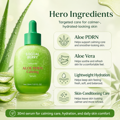 EQQUALBERRY Aloe PDRN Calming Serum hero ingredients featuring Aloe PDRN, aloe vera, lightweight hydration, and skin-conditioning care.