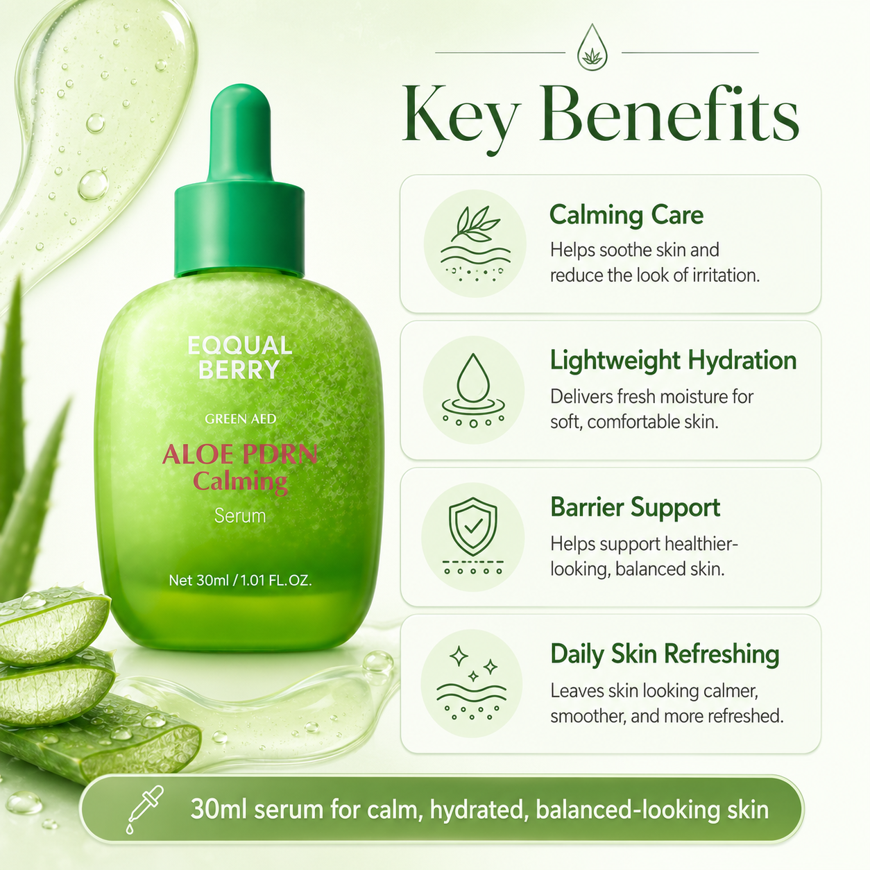 EQQUALBERRY Aloe PDRN Calming Serum benefits for soothing irritation, lightweight hydration, barrier support, and refreshed-looking skin.