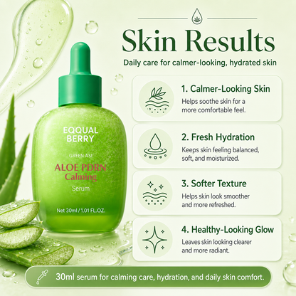 EQQUALBERRY Aloe PDRN Calming Serum results for calmer-looking skin, fresh hydration, softer texture, and a healthy-looking glow.