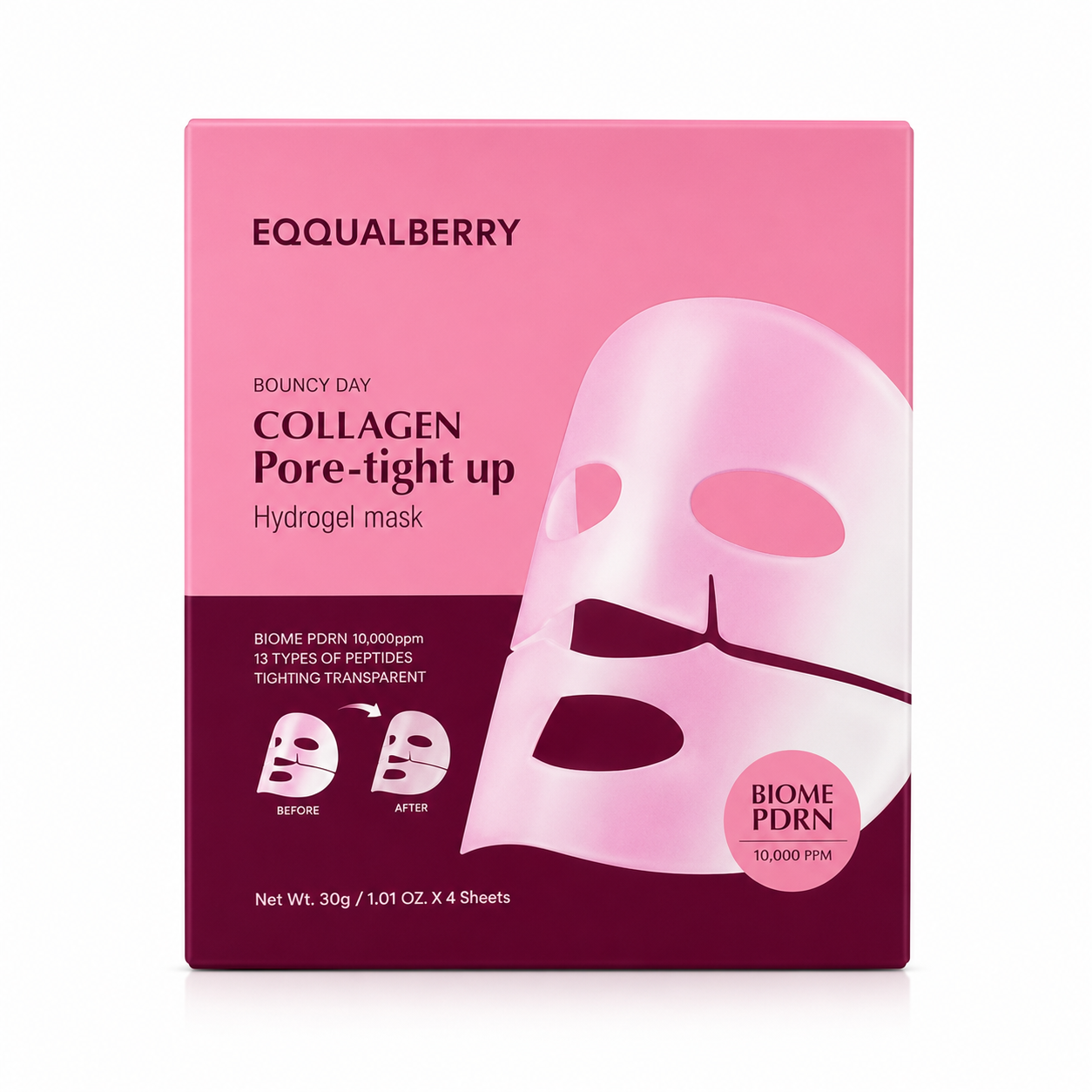 EQQUALBERRY Collagen Pore-Tight Up Hydrogel Mask 4-sheet box on a clean white background.