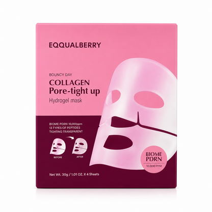 EQQUALBERRY Collagen Pore-Tight Up Hydrogel Mask 4-sheet box on a clean white background.