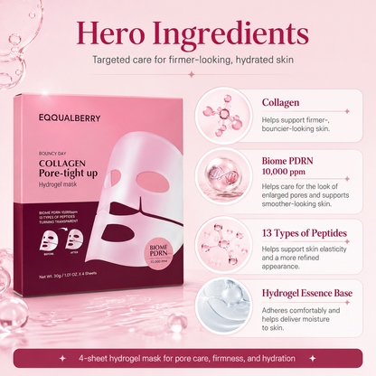 EQQUALBERRY Collagen Hydrogel Mask hero ingredients featuring collagen, Biome PDRN 10,000 ppm, 13 types of peptides, and a hydrating hydrogel essence base.