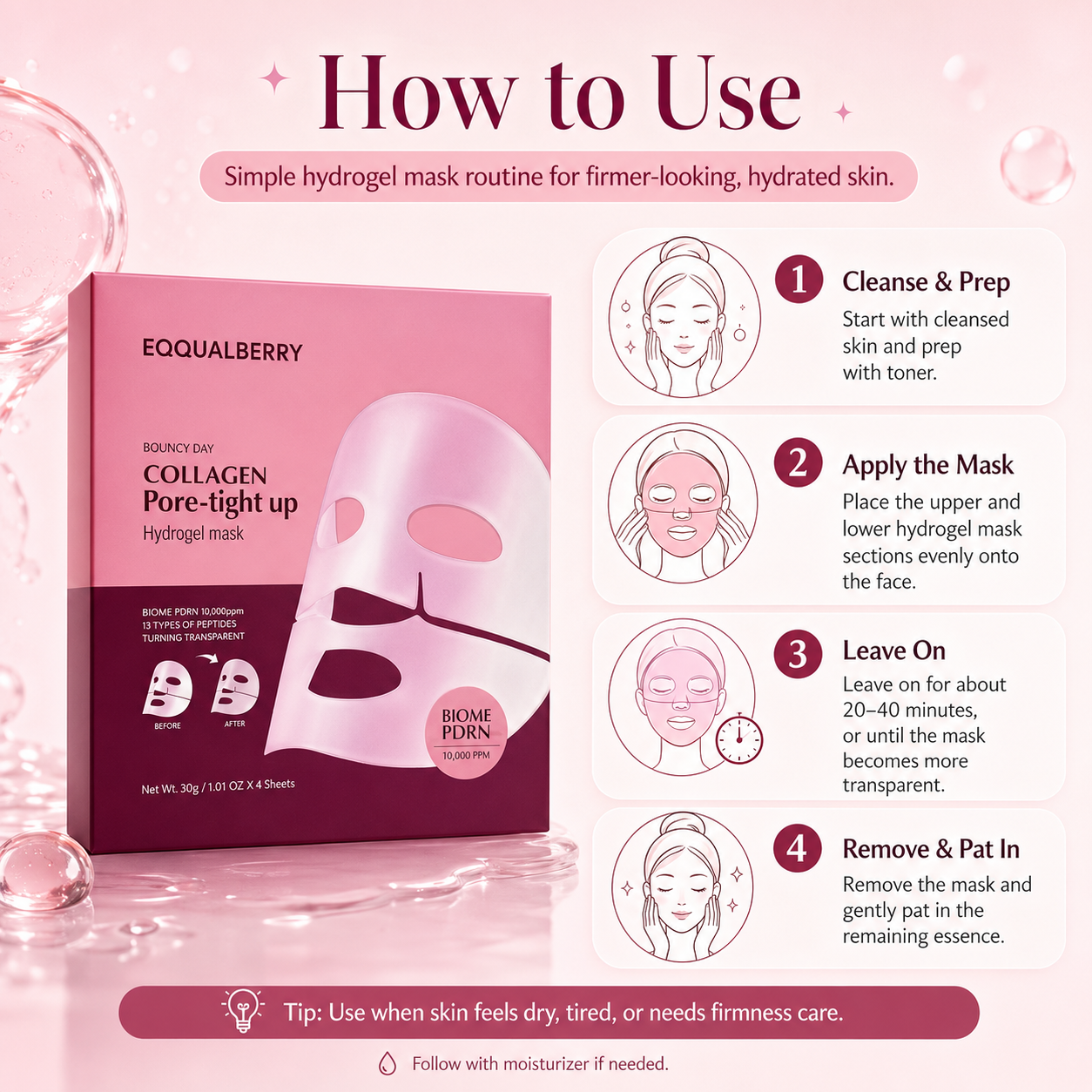 How to use EQQUALBERRY Collagen Pore-Tight Up Hydrogel Mask by applying both sections, leaving on for 20 to 40 minutes, and patting in the remaining essence.