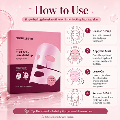 How to use EQQUALBERRY Collagen Pore-Tight Up Hydrogel Mask by applying both sections, leaving on for 20 to 40 minutes, and patting in the remaining essence.