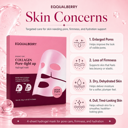 EQQUALBERRY Collagen Pore-Tight Up Hydrogel Mask for enlarged pores, loss of firmness, dry dehydrated skin, and dull tired-looking skin.