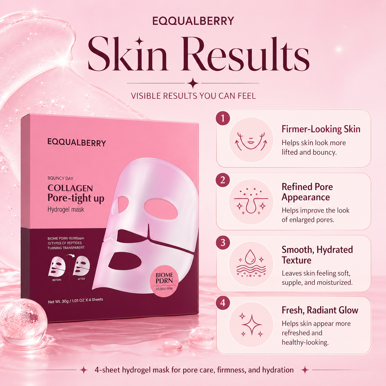 EQQUALBERRY Collagen Hydrogel Mask results for firmer-looking skin, refined pores, smoother hydrated texture, and a fresh radiant glow.