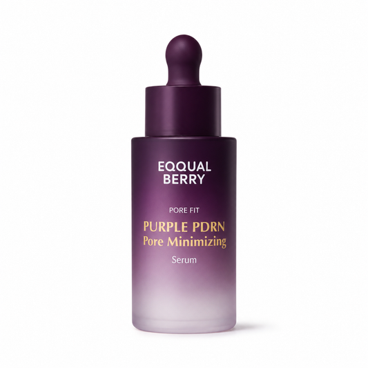 EQQUALBERRY Purple PDRN Pore Minimizing Serum 30ml bottle on a clean white background.