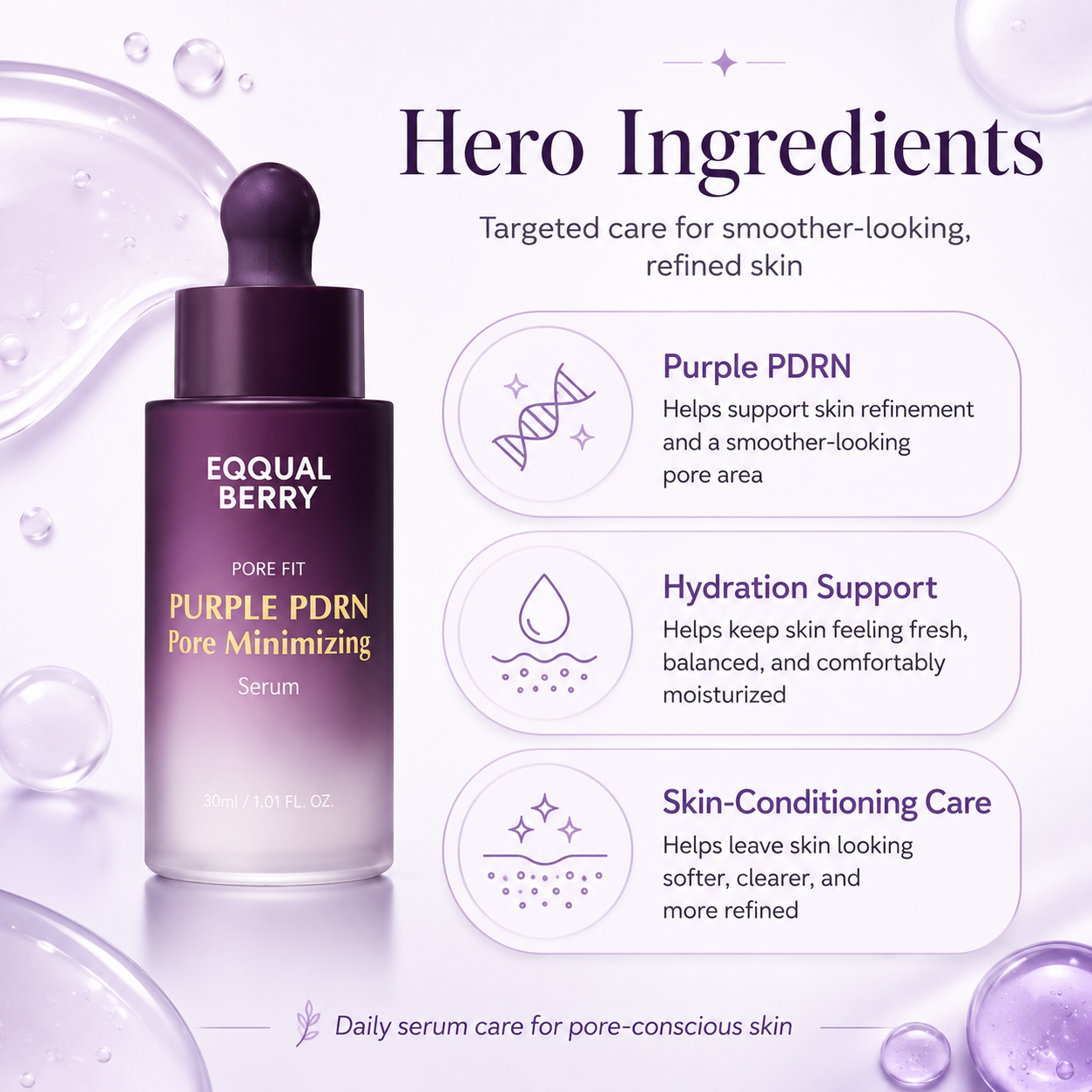EQQUALBERRY Purple PDRN Serum hero ingredients for pore refinement, hydration support, and skin-conditioning care.