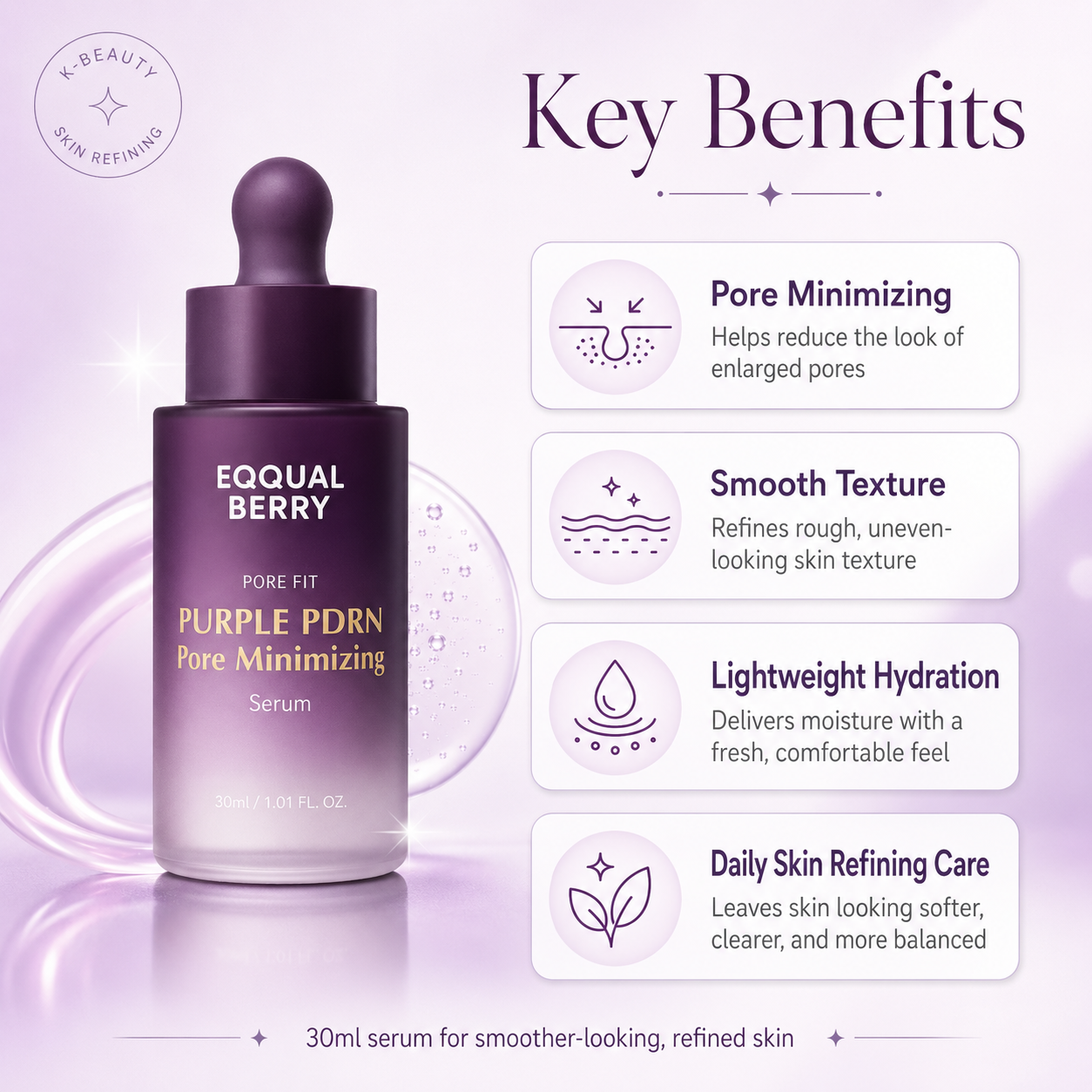 EQQUALBERRY Purple PDRN Serum key benefits for minimizing the look of pores, smoothing texture, hydrating, and refining skin.
