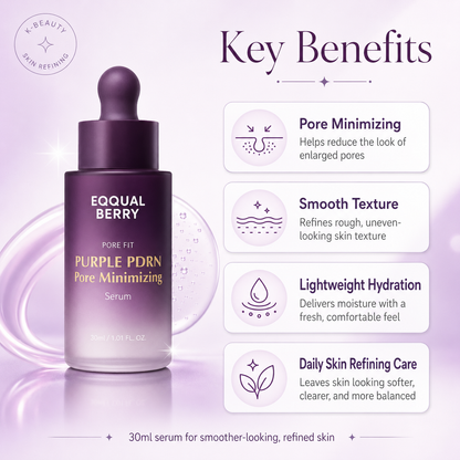 EQQUALBERRY Purple PDRN Serum key benefits for minimizing the look of pores, smoothing texture, hydrating, and refining skin.