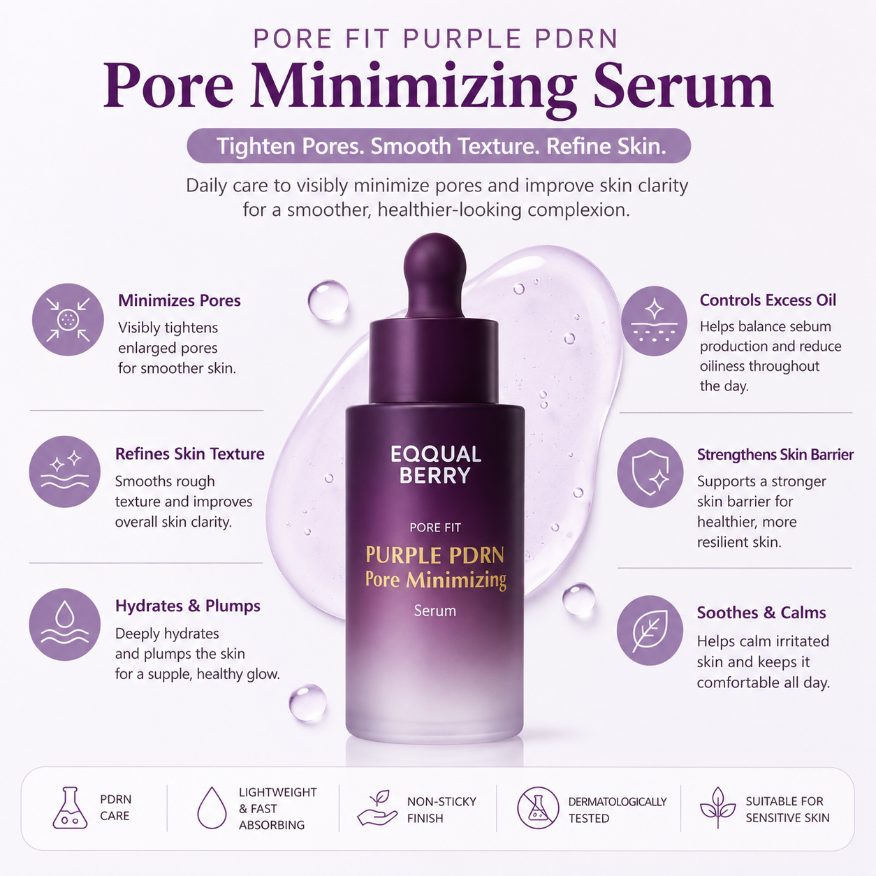 EQQUALBERRY Purple PDRN Pore Minimizing Serum benefits for enlarged pores, uneven texture, hydration, and balanced-looking skin.