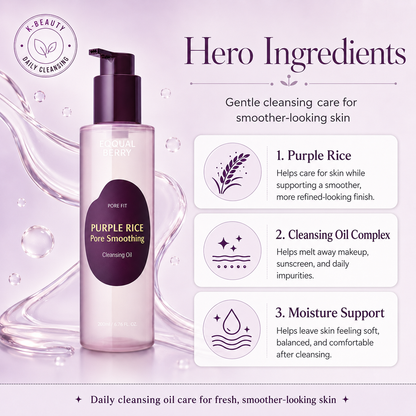 EQQUALBERRY Purple Rice Cleansing Oil hero ingredients featuring purple rice, cleansing oils, and moisture-supporting care.