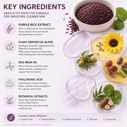 EQQUALBERRY Purple Rice Cleansing Oil key ingredients including purple rice extract, plant-derived oils, rice bran oil, hyaluronic acid, and botanical extracts.