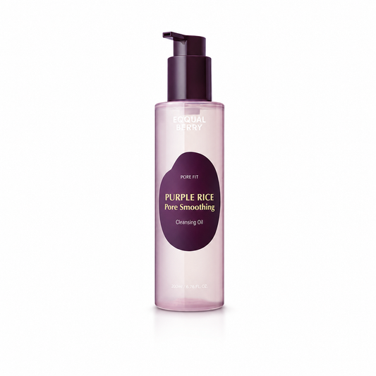 EQQUALBERRY Purple Rice Pore Smoothing Cleansing Oil 200ml bottle on a clean white background.