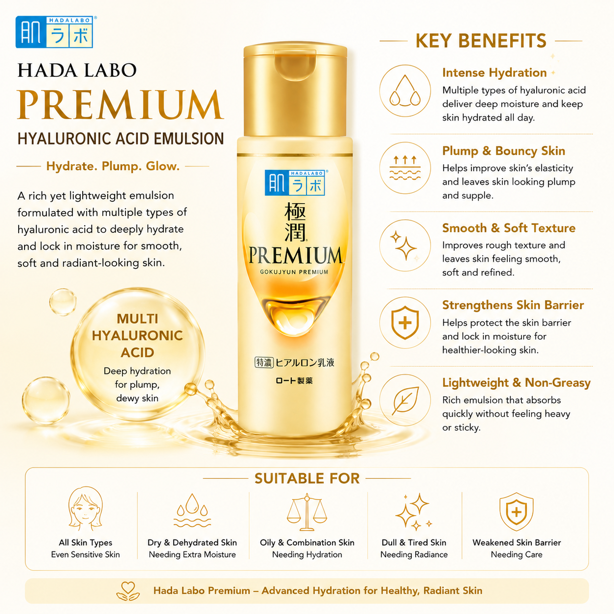 Hada Labo Premium Hyaluronic Acid Emulsion 140ml key benefits including intense hydration, plump skin, stronger skin barrier and lightweight moisture