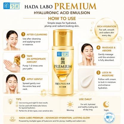 How to use Hada Labo Premium Hyaluronic Acid Emulsion 140ml for daily hydration after cleansing and toner
