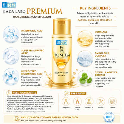 Hada Labo Premium Hyaluronic Acid Emulsion 140ml key ingredients including multiple hyaluronic acids, squalane, amino acid complex and Centella Asiatica