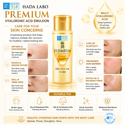 Hada Labo Premium Hyaluronic Acid Emulsion 140ml helps improve dry skin, dehydration, rough texture, weakened skin barrier and dull complexion