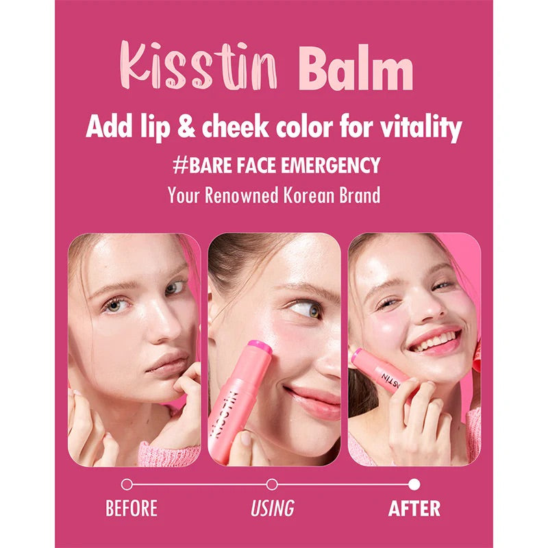 KAHI Kisstin Balm pink before and after lip and cheek color image