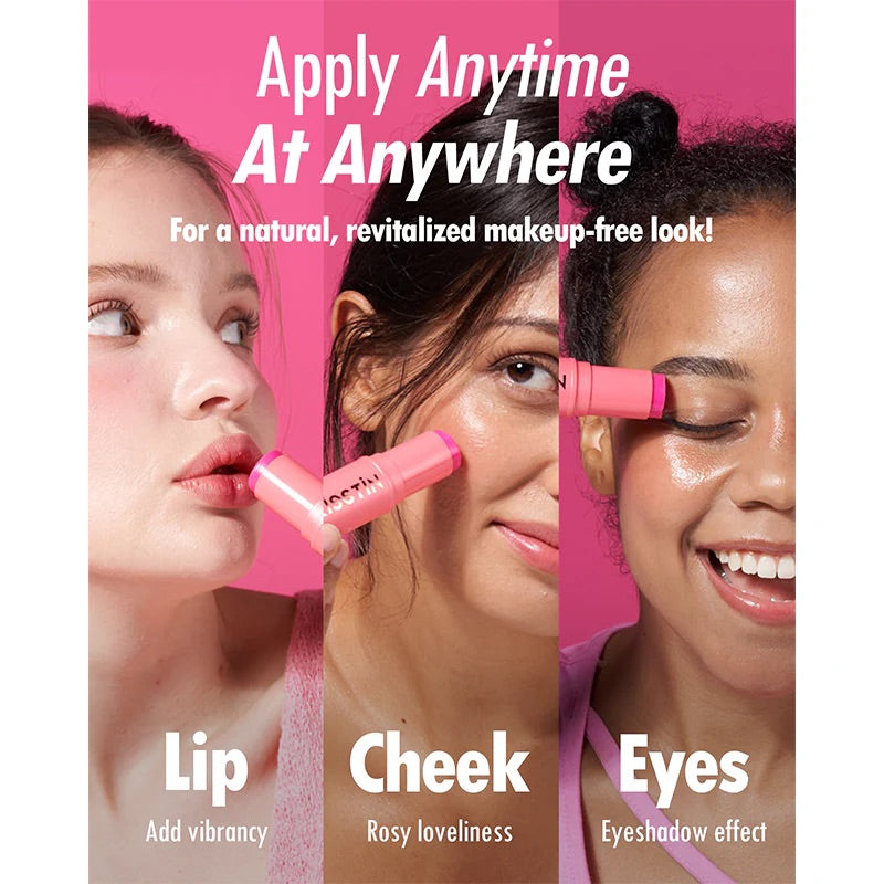 KAHI Kisstin Balm pink before and after lip and cheek color image