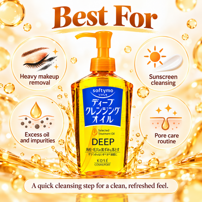 KOSÉ Softymo Deep Cleansing Oil best for heavy makeup, sunscreen, excess oil and pore cleansing routines