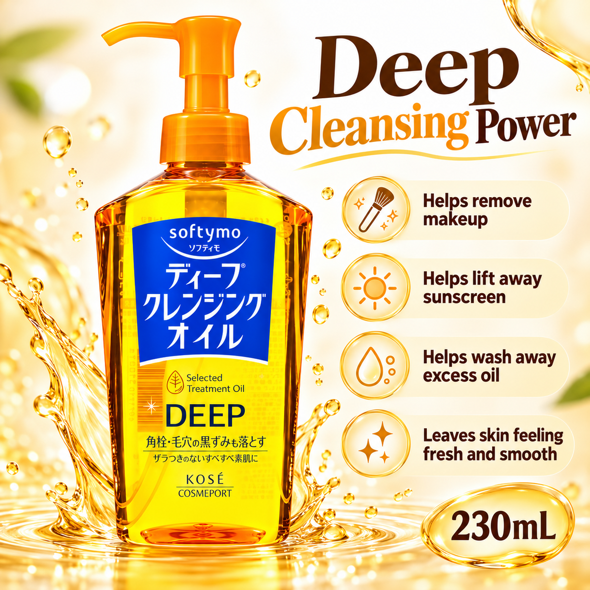 KOSÉ Softymo Deep Cleansing Oil infographic highlighting makeup, sunscreen and excess oil removal