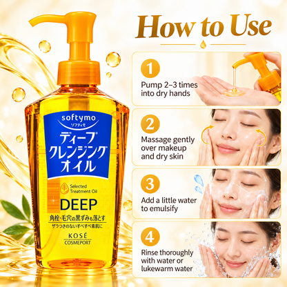 How to use KOSÉ Softymo Deep Cleansing Oil with 2 to 3 pumps, gentle massage, emulsification and rinsing