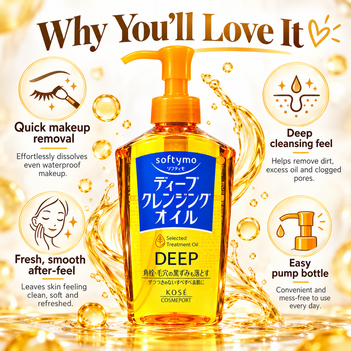 KOSÉ Softymo Deep Cleansing Oil key benefits for quick makeup removal, deep cleansing and a fresh smooth after-feel