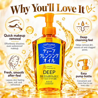 KOSÉ Softymo Deep Cleansing Oil key benefits for quick makeup removal, deep cleansing and a fresh smooth after-feel