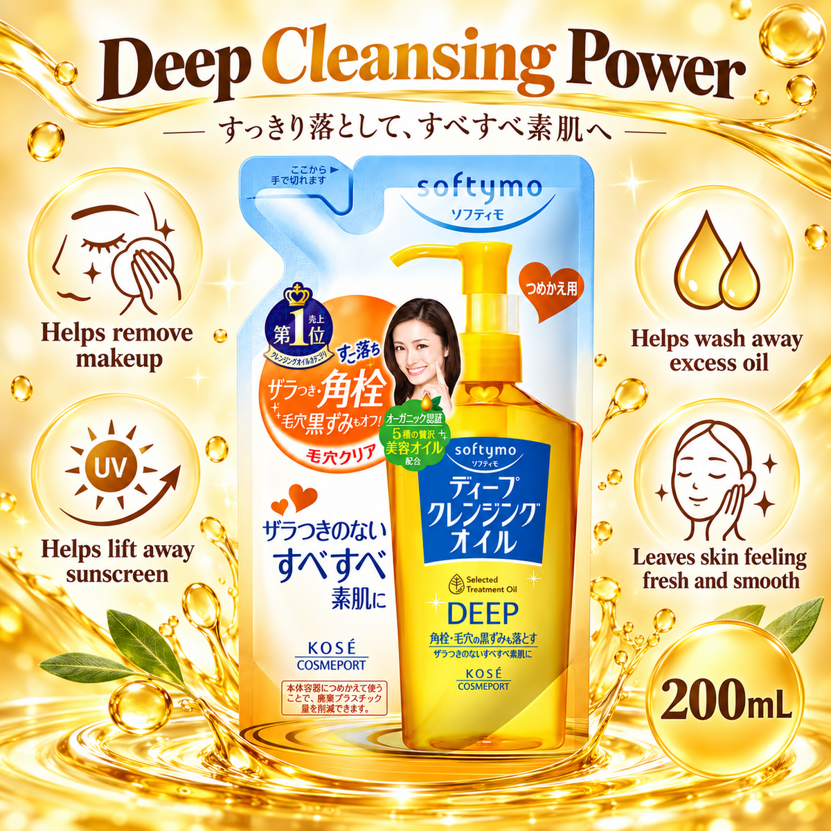 Kose Softymo Deep Cleansing Oil Refill 200ml infographic showing deep cleansing power and key benefits