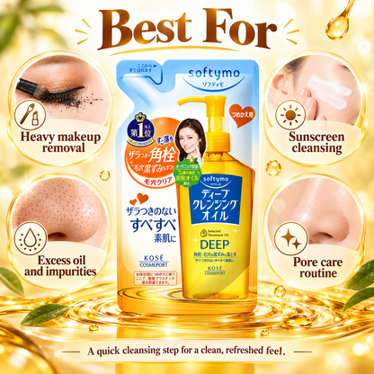 Kose Softymo Deep Cleansing Oil Refill 200ml best for heavy makeup removal, sunscreen cleansing, excess oil and pore care